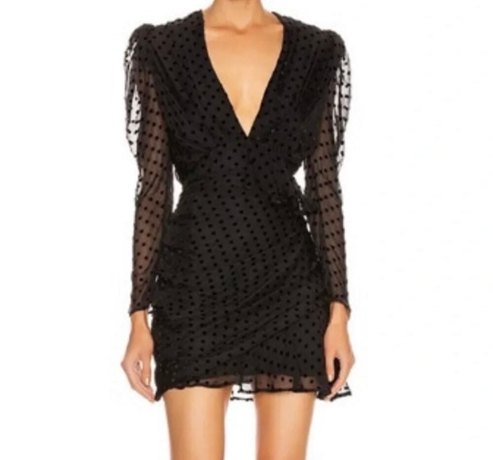 IRO Paris Callagan Black Silk Blend Flocked Polka Dot Ruffle Mini Dress Size XS
